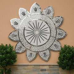 Silver Lotus Mosaic Wall Art | Luxury Handcrafted Mirror Panel for Home & Garden