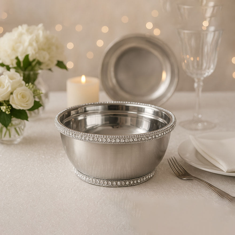 Royal Silver Stainless Steel Serving Bowl with Diamond-Studded Rim