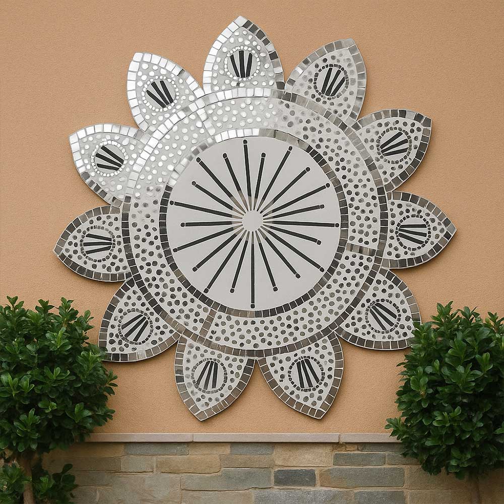 Silver Lotus Mosaic Wall Art | Luxury Handcrafted Mirror Panel for Home & Garden