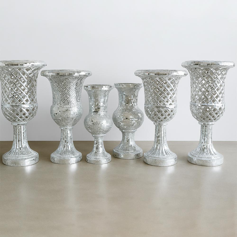 Elegant Silver Mosaic Vase Set | Handcrafted Mirror Finish Decorative Urns (Set of 6)